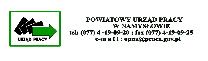 Logo Powiatowy Urząd Pracy w Namysłowie. Tel 774190920 fax 774190925 email opna (małpa) praca.gov.pl